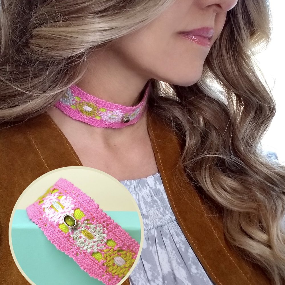 Choker Necklace Pink Green Vintage Lace - New & Handmade - Boho, Ribbon Ties Bow
